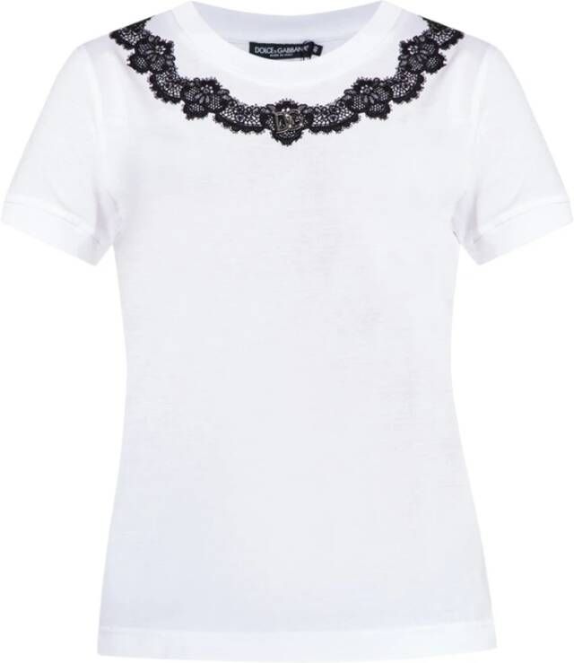 Dolce & Gabbana Witte T-shirt met kanten inzetstukken en DG-logo White Dames