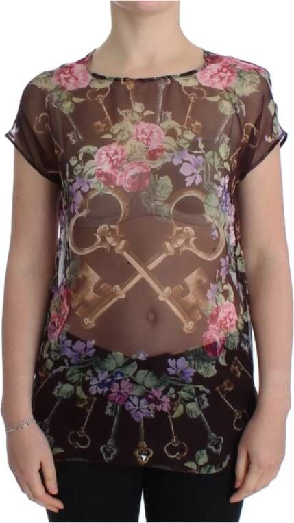 Dolce & Gabbana Black Key Floral Print Silk Blouse T-shirt Zwart Dames