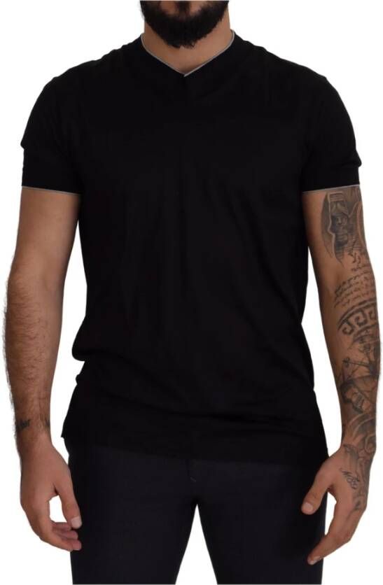 Dolce & Gabbana Luxe Zwarte Zijden V-Hals Korte Mouw T-shirt Black Heren
