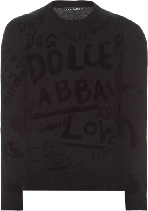 Dolce & Gabbana Black Wool Logo Pattern Crewneck Pullover Sweater Zwart Heren