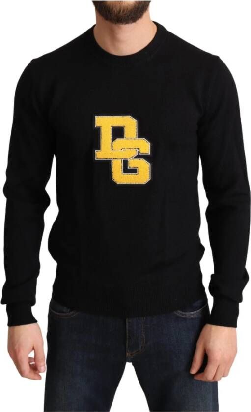 Dolce & Gabbana Zwart Geel Logo Gebreide Wol Pullover Trui Black Heren