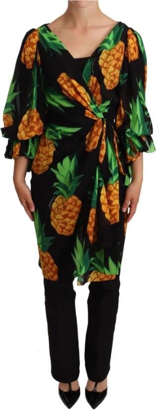 Dolce & Gabbana Zwarte Ananas Print Omslag Zijden Jurk Green Dames