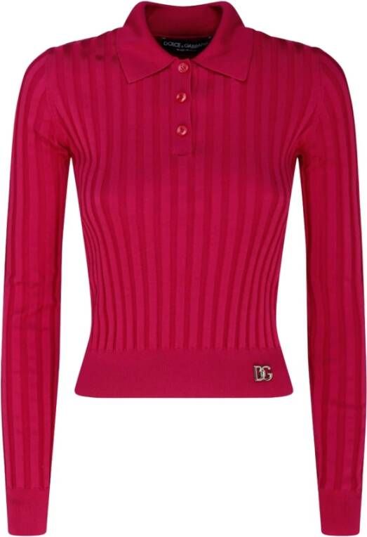 Dolce & Gabbana Gebreide Polo Shirt met Lange Mouwen Pink Dames
