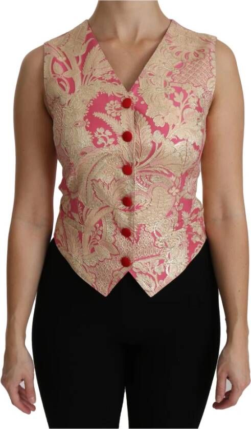 Dolce & Gabbana Roze Gouden Brokaat Waistcoat Vest Blouse Top Yellow Dames