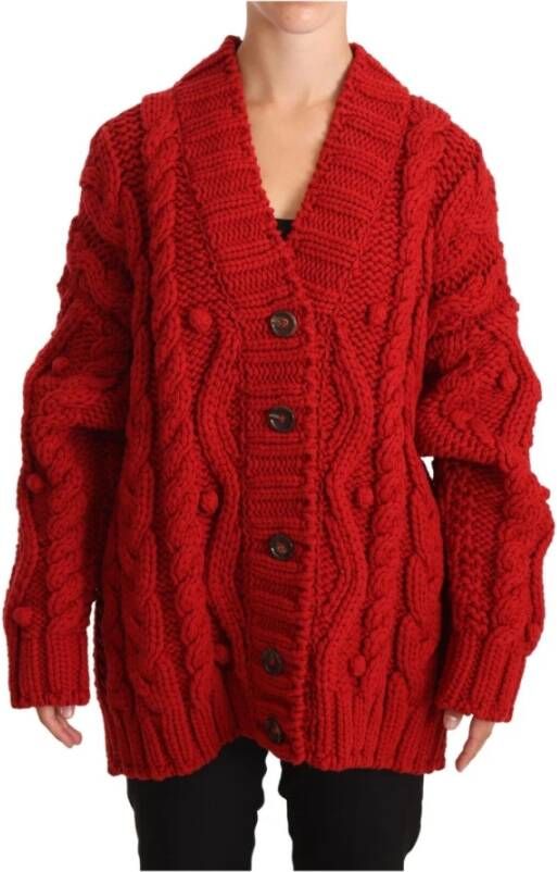 Dolce & Gabbana Pre-owned Red V-neck Wool Knit Button Cardigan Sweater Rood Dames
