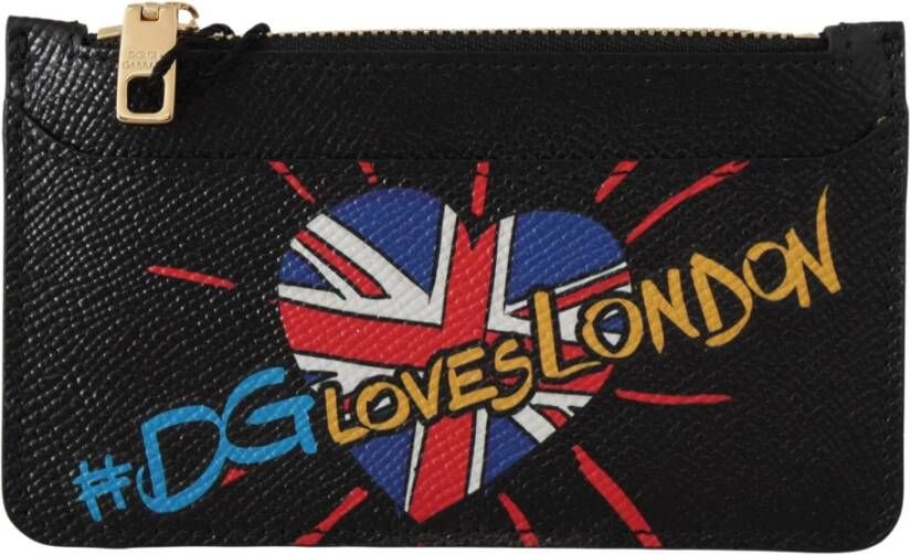 Dolce & Gabbana Black Leather #DGLovesLondon Women Cardholder Coin Case Wallet Zwart Dames