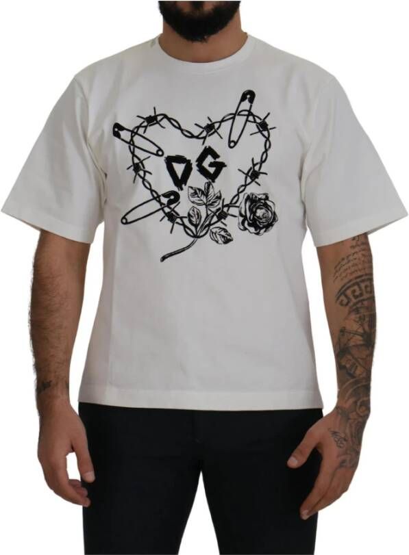Dolce & Gabbana White Amor Cotton Crewneck T-shirt Wit Heren