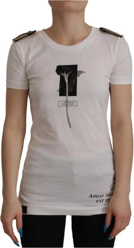 Dolce & Gabbana White Black Roses Crewneck Cotton T-shirt Wit Dames