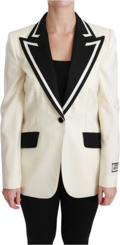 Dolce & Gabbana White Black Silk Slim Fit Blazerjas Jacket Wit Dames