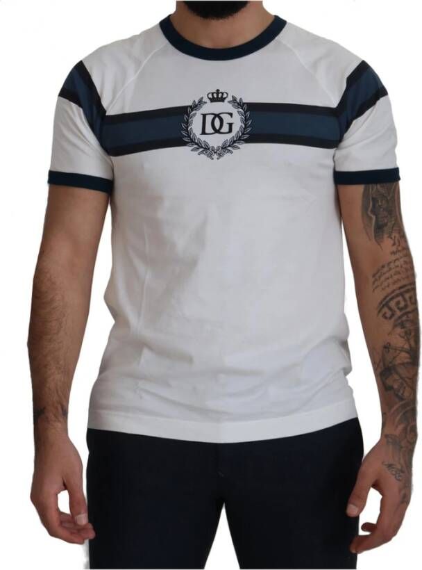 Dolce & Gabbana Wit Blauw Katoenen Logo Crewneck T-shirt White Heren