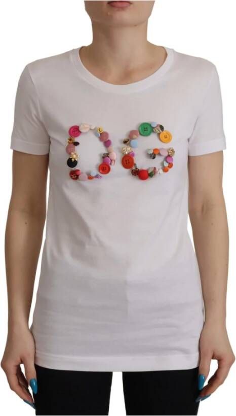 Dolce & Gabbana White Cotton Blouse DG Button Embellished T-shirt Wit Dames