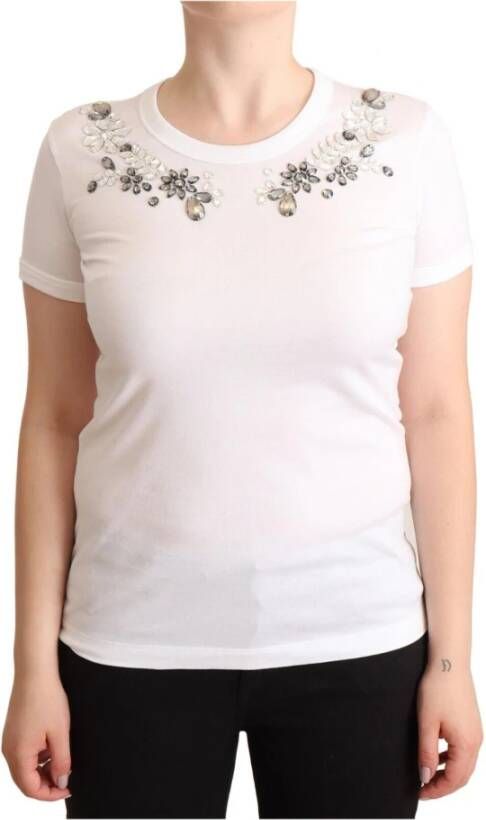 Dolce & Gabbana White Cotton Crewneck Crystal Embellish T-Shirt Wit Dames