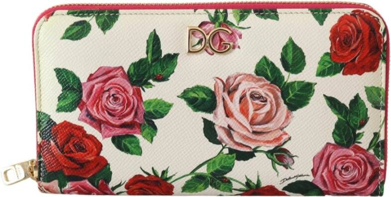 Dolce & Gabbana White Leather Floral Roses Zip Around Continental Wallet Wit Dames