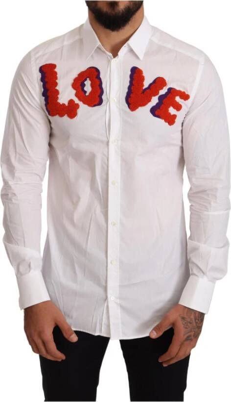 Dolce & Gabbana White Love Patch Cotton Formal Shirt Wit Heren