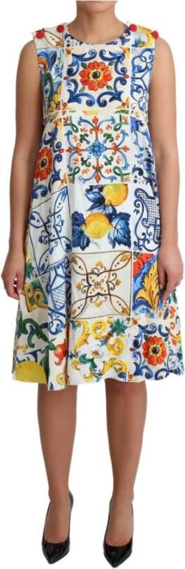Dolce & Gabbana Majolica Print Shift A-line Silk Dress Wit Dames