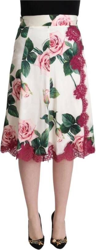 Dolce & Gabbana White Rose Print High Waist Midi A-line Skirt Wit Dames