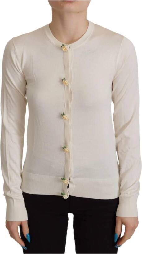 Dolce & Gabbana White Silk Knit Rose Button Cardigan Sweater Wit Dames