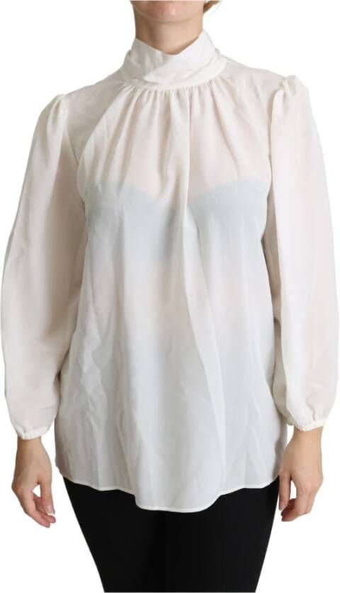 Dolce & Gabbana White Silk Pussy Bow Long Sleeved Top Blouse Wit Dames