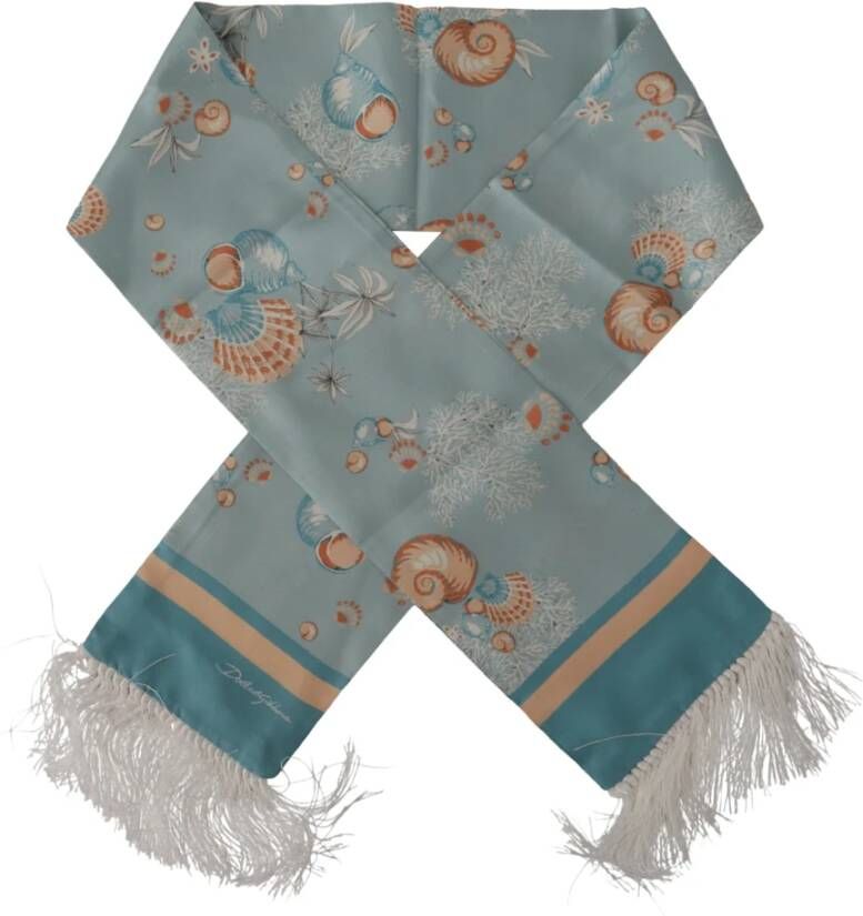 Dolce & Gabbana Blauwe Zijden Schelpenprint Sjaal met Franjes Blue Unisex