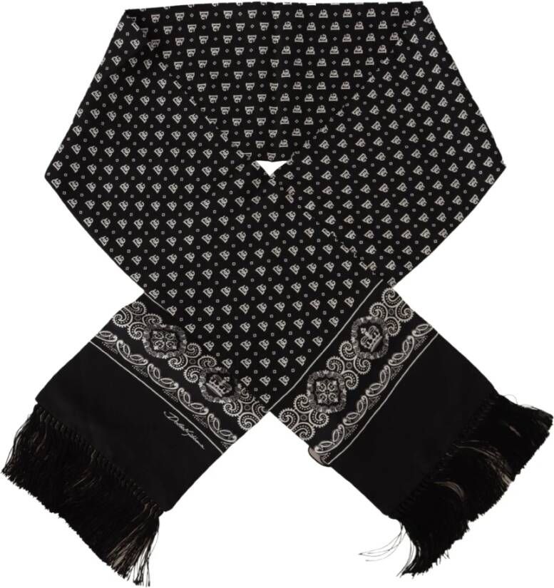 Dolce & Gabbana Zwarte Zijden Logo Kroon Nek Wrap Sjaal Franje Sjaal Black Unisex
