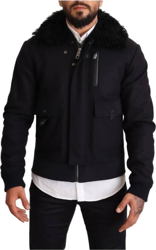 Dolce & Gabbana Wool Pilot Black Shearling Jacket Blauw Heren