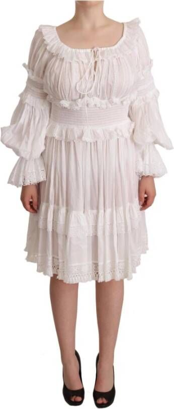 Dolce & Gabbana White Cotton Frilled Mousseline Off Shoulder Dress Wit Dames