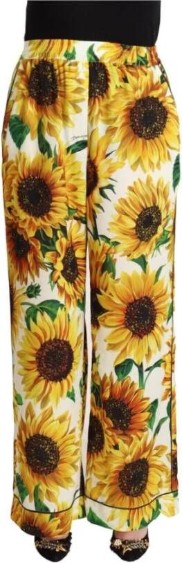 Dolce & Gabbana White Sunflower Print Mid Waist Wide Leg Pants Wit Dames