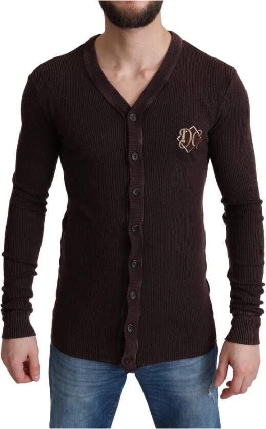 Dolce & Gabbana Wool Logo Knop Cardigan Sweater Bruin Heren