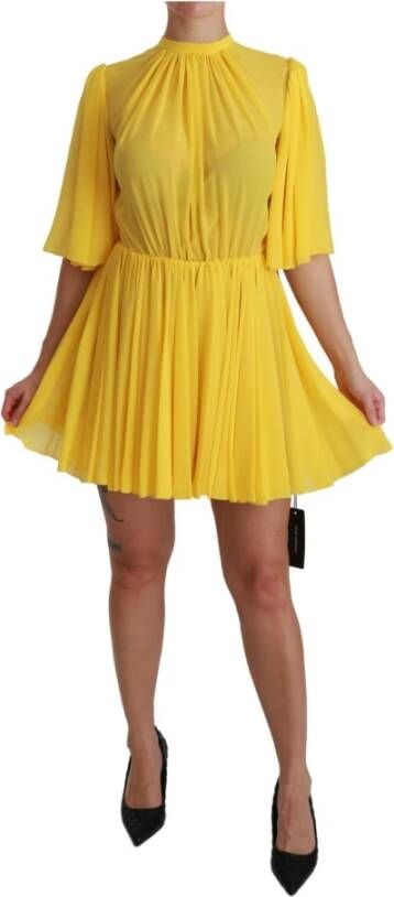 Dolce & Gabbana Yellow Pleated A-line Mini 100% Silk Dress Geel Dames