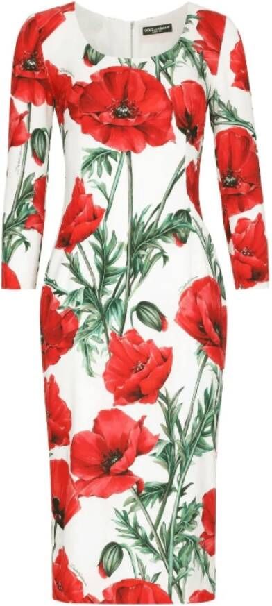 Dolce & Gabbana Zijden Poppy Print Midi Jurk White Dames