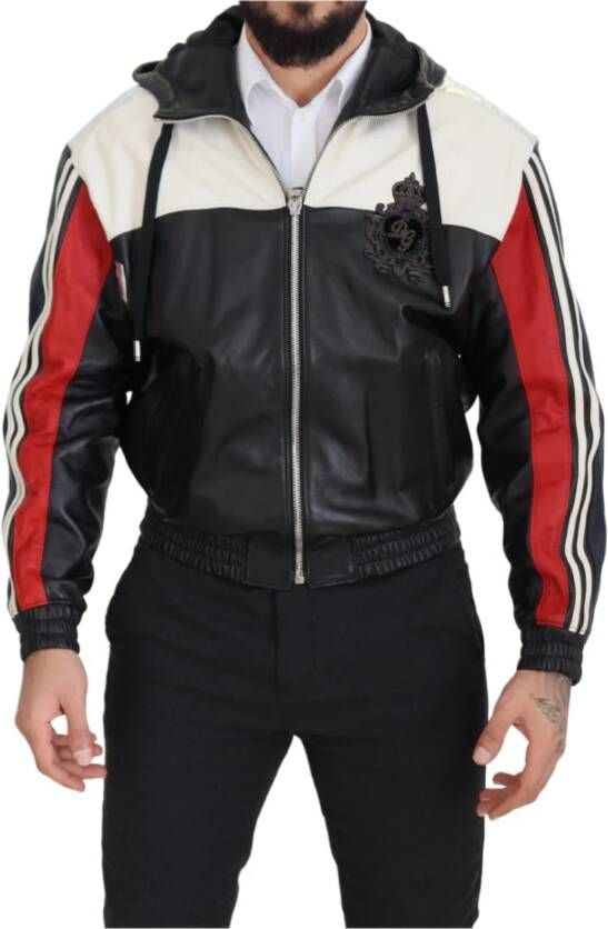 Dolce & Gabbana Black Leather Hooded Blouson Coat Jacket Zwart Heren
