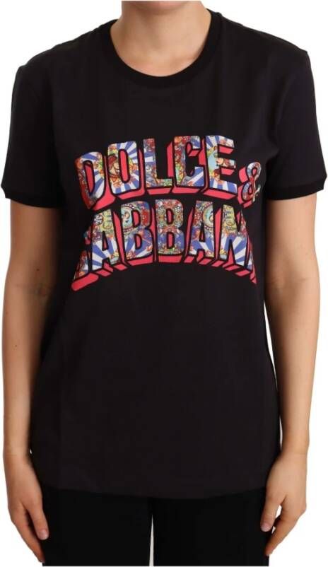Dolce & Gabbana Zwart katoen grote print top crewneck t-shirt Zwart Dames