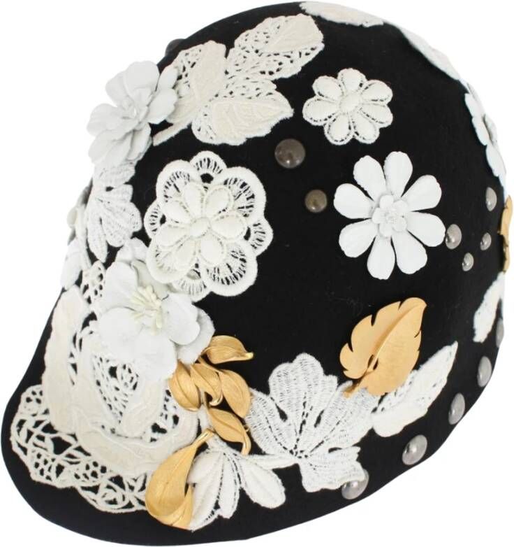 Dolce & Gabbana Zwarte bloemen wollen cloche hoed met metalen details Zwart Dames