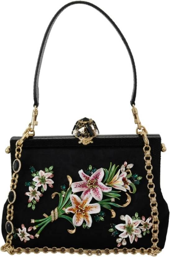 Dolce & Gabbana Zwarte Bloemenkristal Schouderzijde van Zijde en Leer Vanda Portemonnee Black Dames
