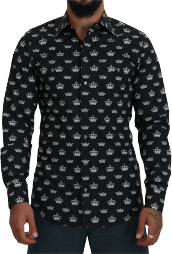 Dolce & Gabbana Zwarte Crown Print Gouden Slim Fit Shirt Zwart Heren