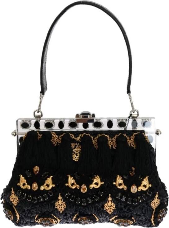 Dolce & Gabbana Zwarte Kwast Gouden Barok Kristal Vanda Tas Zwart Dames