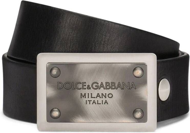 Dolce & Gabbana Zwarte Leren Riemen met Dolce&Gabbana Logo Plaat Zwart Heren