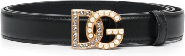 Dolce & Gabbana Zwarte Leren Riemen met Gouden Logo Gesp Zwart Dames