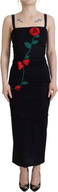 Dolce & Gabbana Zwarte Wollen Sheath Jurk met Rode Rozen Borduursel Black Dames