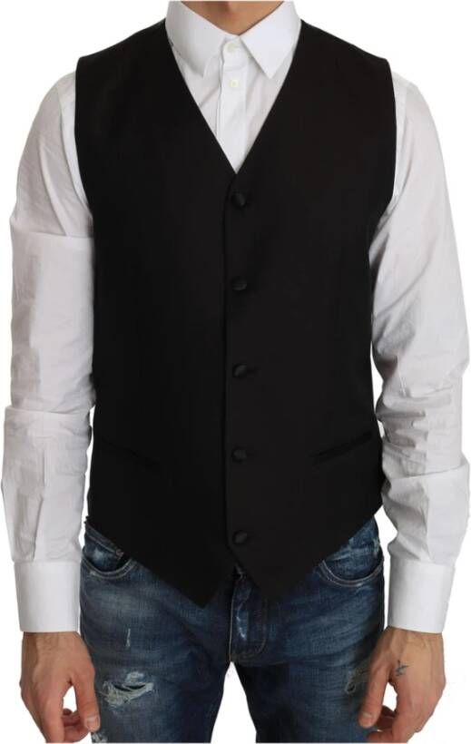 Dolce & Gabbana Zwarte Zijden Formele Vest met Verstelbare Rugband Black Heren