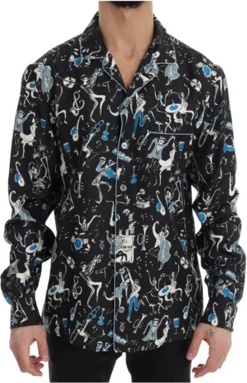 Dolce & Gabbana Zwarte Zijden Jazz Motief Print Casual Overhemd Meerkleurig Heren