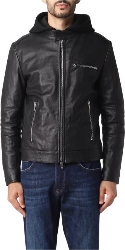 Dondup Slanke Biker Jas met Afneembare Capuchon en Fleece Voering Zwart Heren