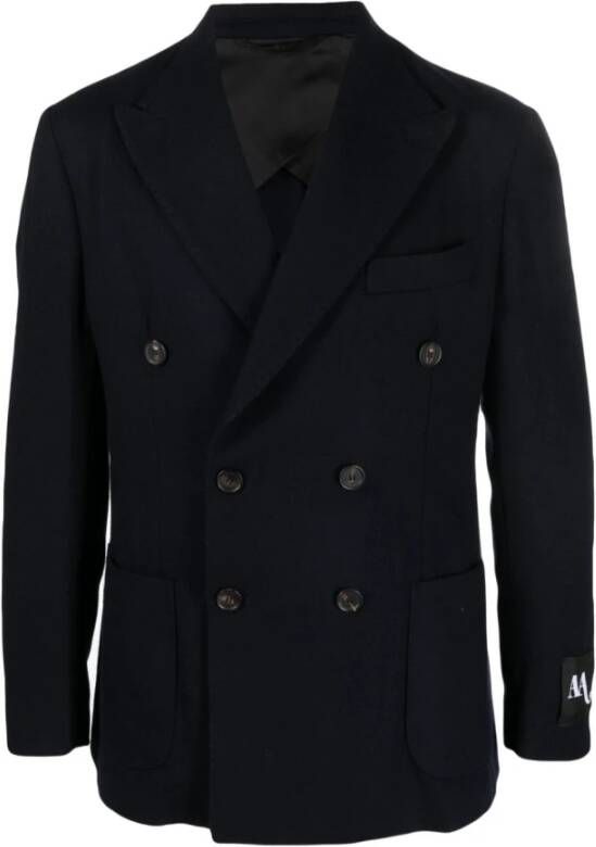 Doppiaa Navyblauwe Dubbelrijige Wolblend Blazer Blauw Heren