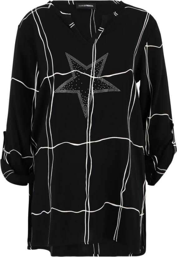 Doris S Casual Blouse met Trendy Ruitjesprint en Grote Strass-Ster Zwart Dames