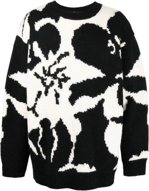 Dries Van Noten Gebreide kleding met ronde hals en zwart bloemenpatroon Black Heren