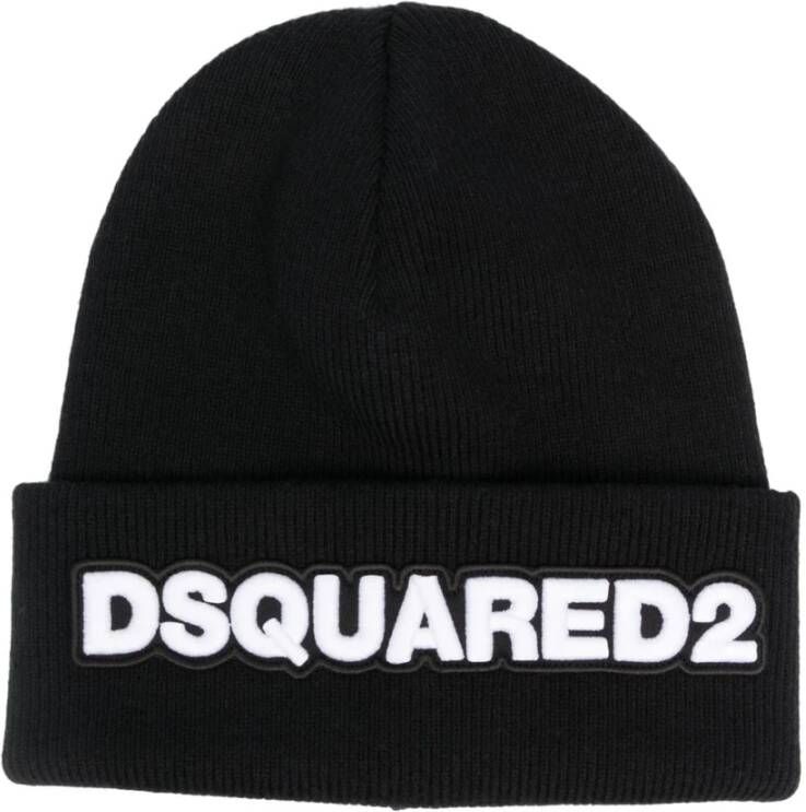 Dsquared2 Zwarte Logo-Patch Wollen Beanie Black Dames