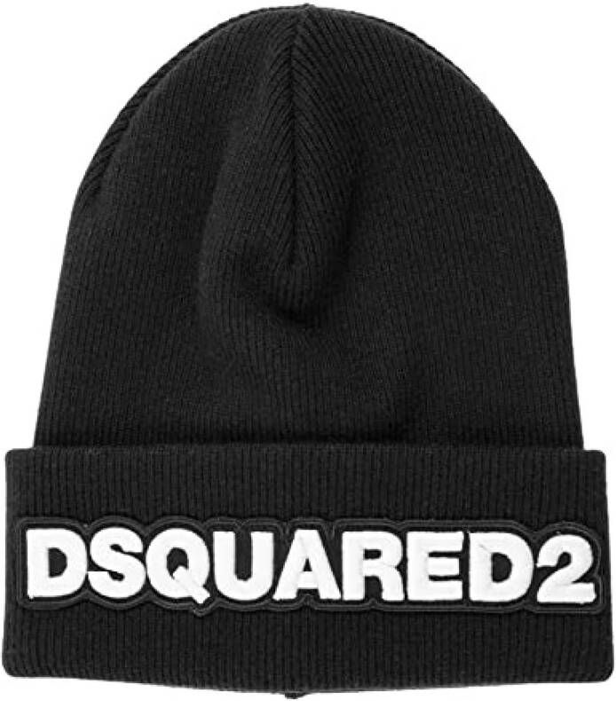 Dsquared2 Zwarte Logo Wol Hoed met Opgeklapte Klep Black Heren