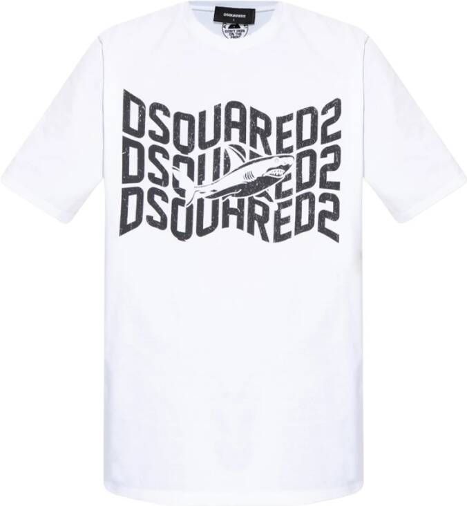 Dsquared2 Witte T-shirt met Haai en Logo Print White Heren