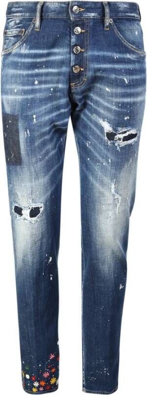 Dsquared2 Blauwe Jeans met Gescheurde Details en Bloemenpatch Blauw Heren