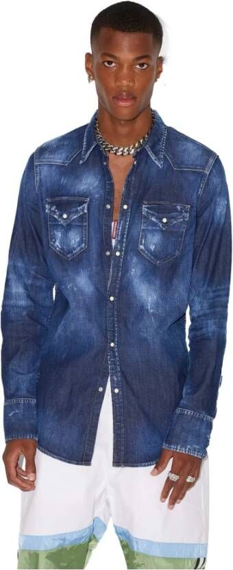 Dsquared2 Versleten Denim Overhemd Blue Heren